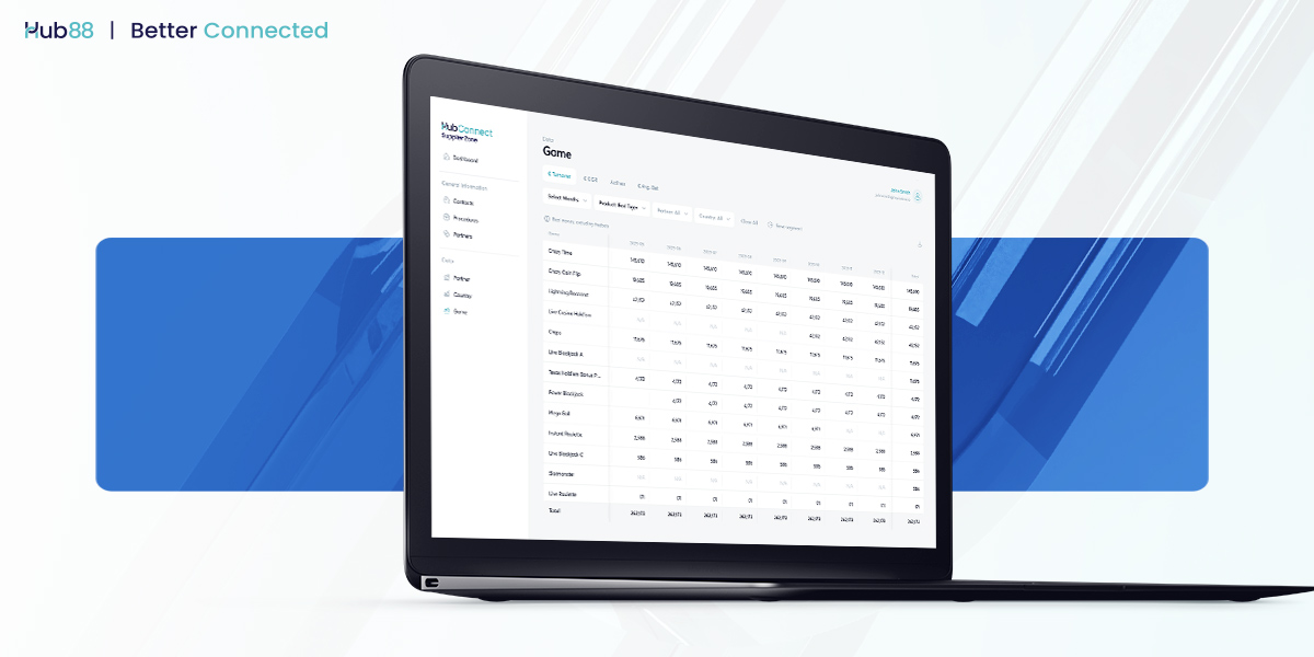 Graphic of a laptop showing game data on Hub88's aggregator platform