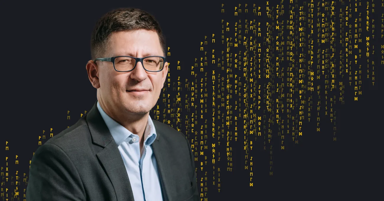 Marek Suchar, managing director and co-founder of Oddin.gg with visual representation of data in background