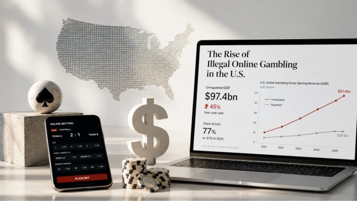 US illegal online gambling jumps 45% to $97